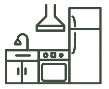 Kitchen with stove, refrigerator, and range hood for home cooking.