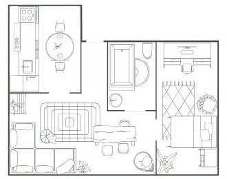 Interior layout with living, dining, and kitchen areas.